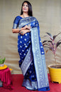 Jyoti Fashion Women's Navy Blue Soft Banarasi Silk Zari Woven Saree with Blouse