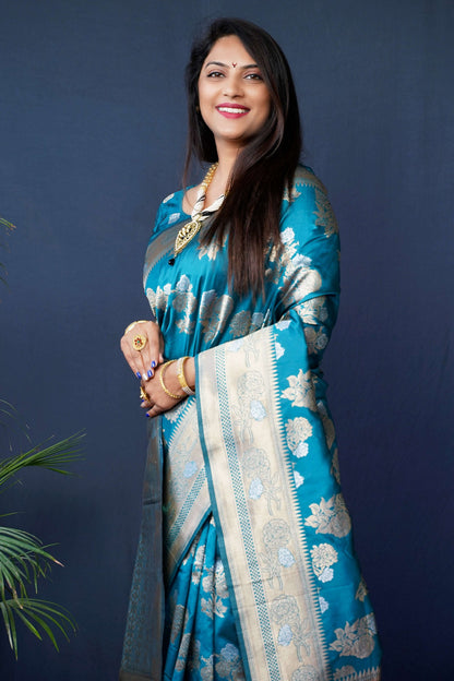 Jyoti Fashion Women's Teal Handloom Banarasi Silk Zari Woven Saree with Blouse