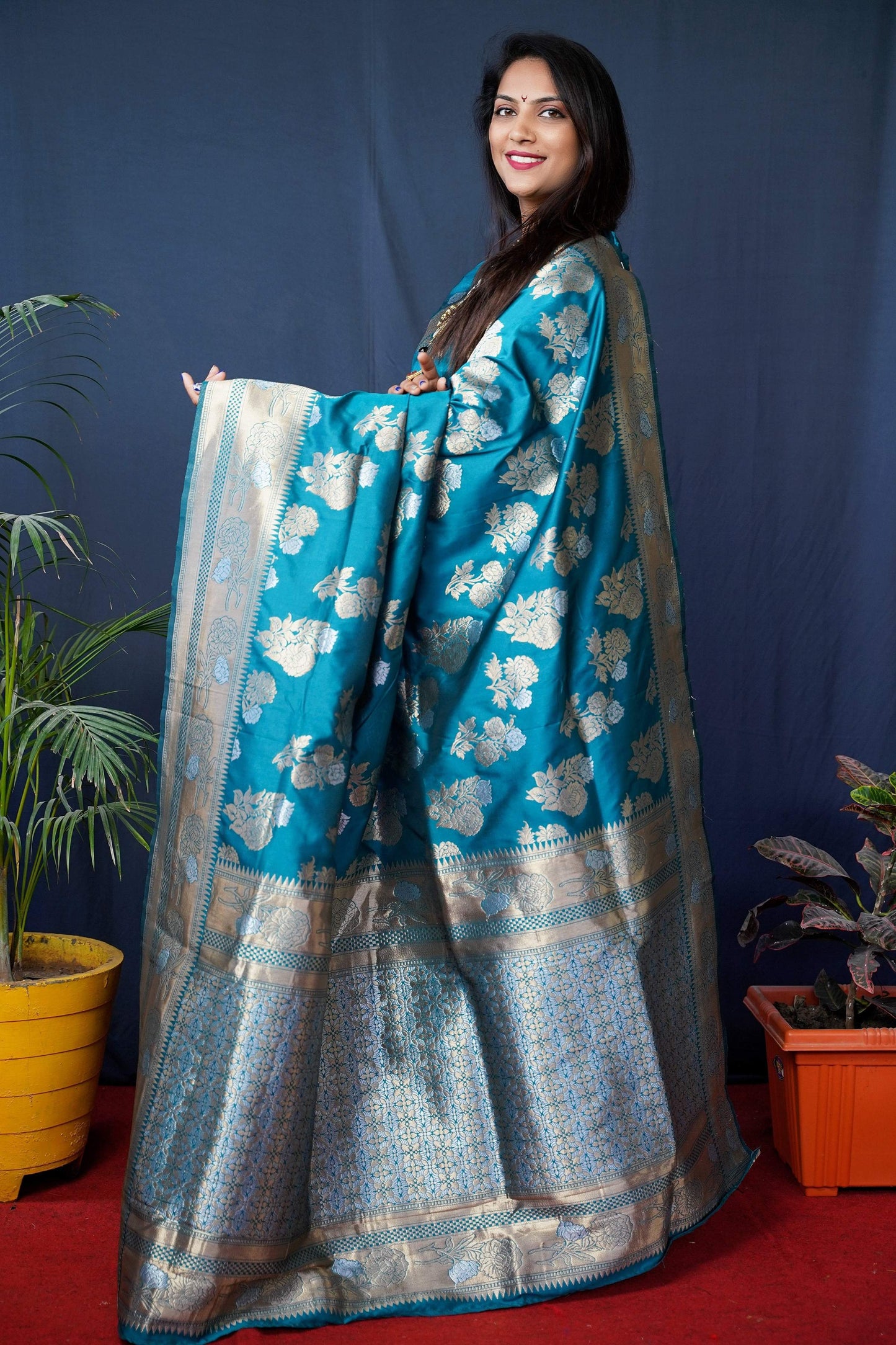 Jyoti Fashion Women's Teal Handloom Banarasi Silk Zari Woven Saree with Blouse