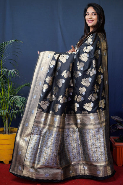 Jyoti Fashion Women's Black Handloom Banarasi Silk Zari Woven Saree with Blouse