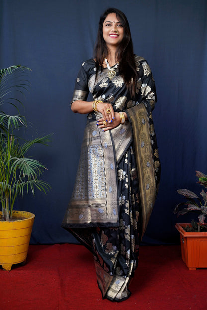 Jyoti Fashion Women's Black Handloom Banarasi Silk Zari Woven Saree with Blouse