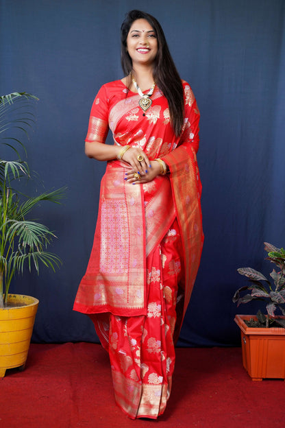 Jyoti Fashion Women's Red Handloom Banarasi Silk Zari Woven Saree with Blouse