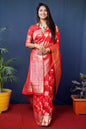 Jyoti Fashion Women's Red Handloom Banarasi Silk Zari Woven Saree with Blouse