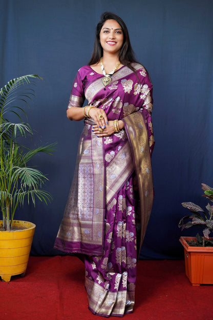 Jyoti Fashion Women's Wine Handloom Banarasi Silk Zari Woven Saree with Blouse