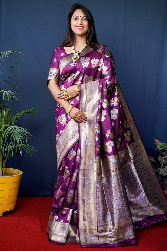 Jyoti Fashion Women's Wine Handloom Banarasi Silk Zari Woven Saree with Blouse