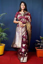 Jyoti Fashion Women's Maroon Handloom Banarasi Silk Zari Woven Saree with Blouse