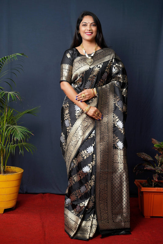 Jyoti Fashion Women's Black Handloom Banarasi Silk Zari Woven Saree with Blouse