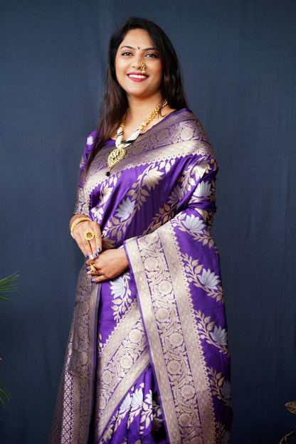 Jyoti Fashion Women's Purple Handloom Banarasi Silk Zari Woven Saree with Blouse