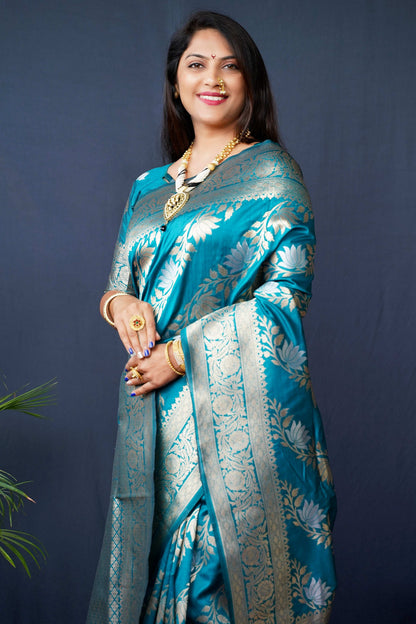 Jyoti Fashion Women's Teal Handloom Banarasi Silk Zari Woven Saree with Blouse