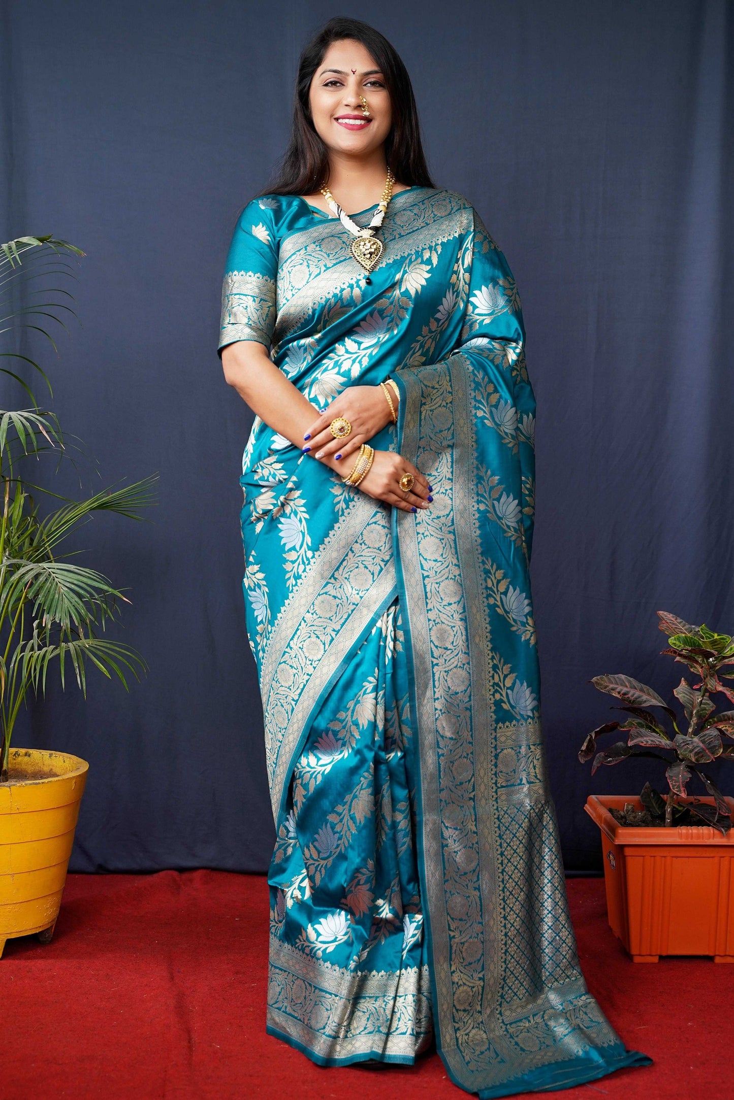 Jyoti Fashion Women's Teal Handloom Banarasi Silk Zari Woven Saree with Blouse