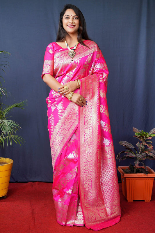 Jyoti Fashion Women's Pink Handloom Banarasi Silk Zari Woven Saree with Blouse