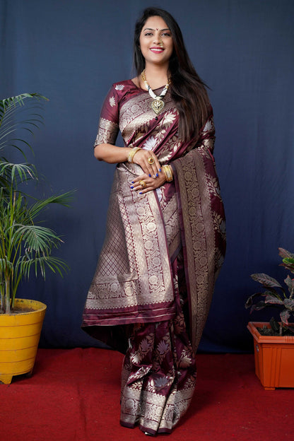 Jyoti Fashion Women's Maroon Handloom Banarasi Silk Zari Woven Saree with Blouse