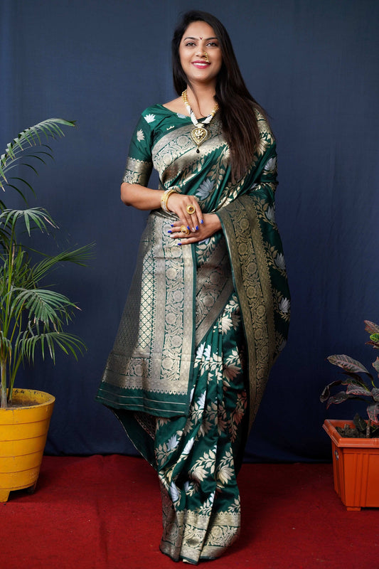 Jyoti Fashion Women's Green Handloom Banarasi Silk Zari Woven Saree with Blouse