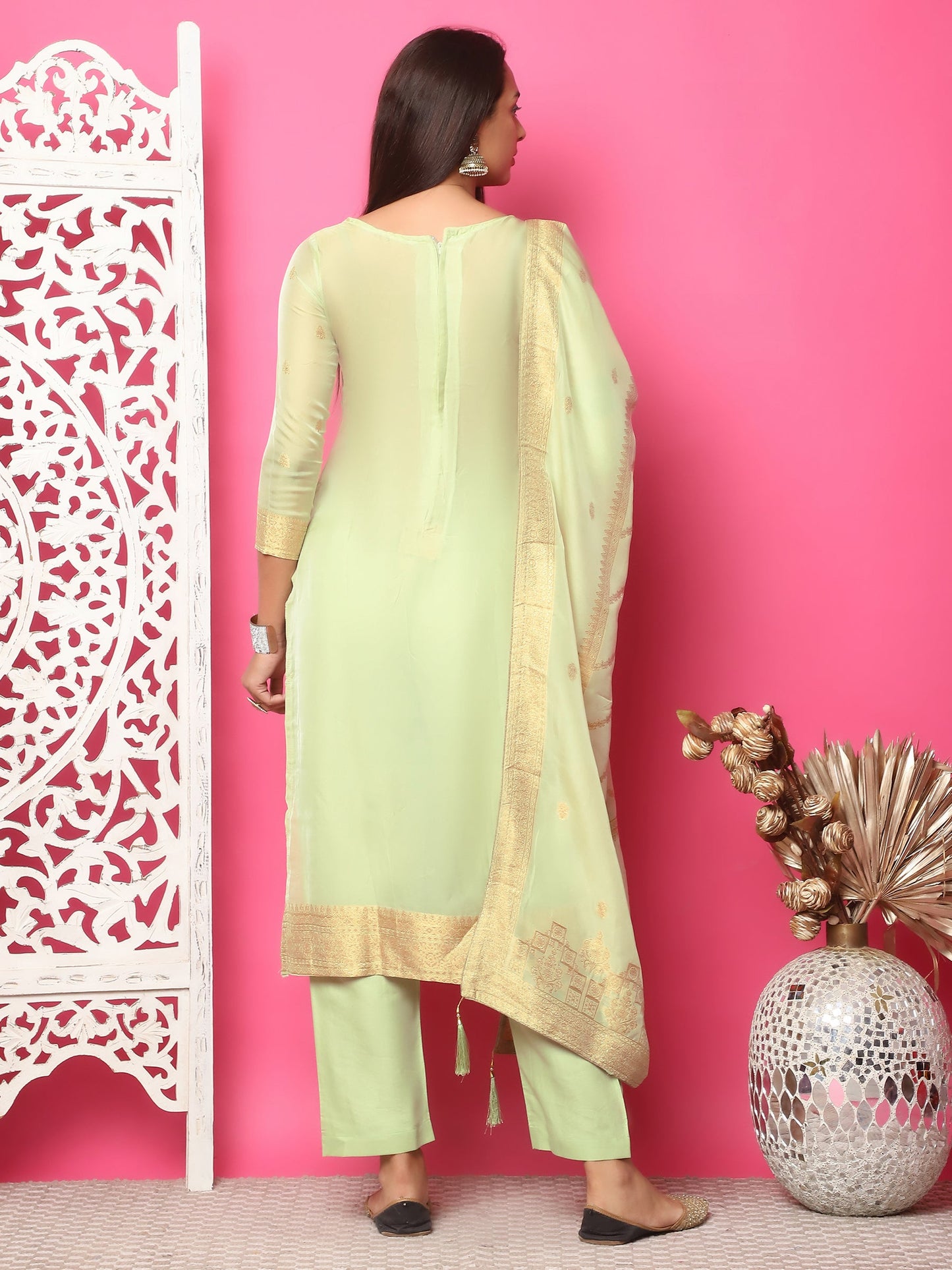 Jyoti Fashion Women's Pista Green Silk Jacquard Woven with Hand Work Salwar Suit Set