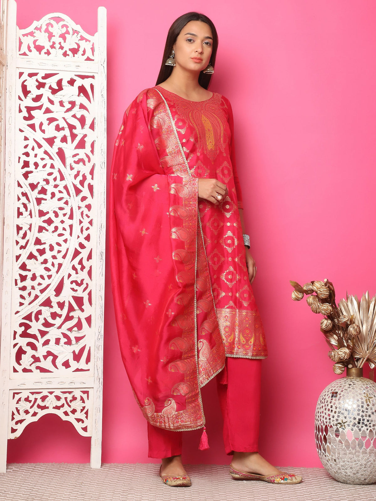 Jyoti Fashion Women's Red Silk Jacquard Woven with Zari Work Salwar Suit Set