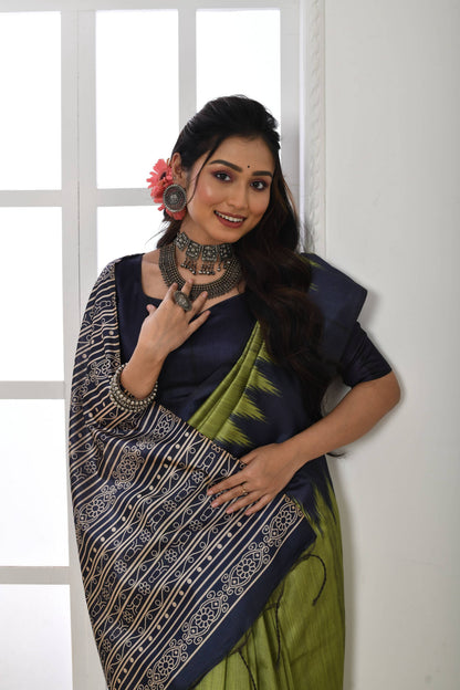 Jyoti Fashion Women's Mehendi Soft Tussar Silk Printed Temple Border Traditional Saree with Blouse