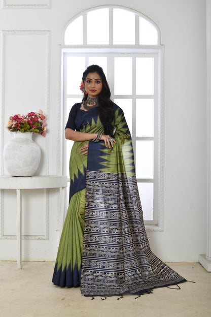 Jyoti Fashion Women's Mehendi Soft Tussar Silk Printed Temple Border Traditional Saree with Blouse