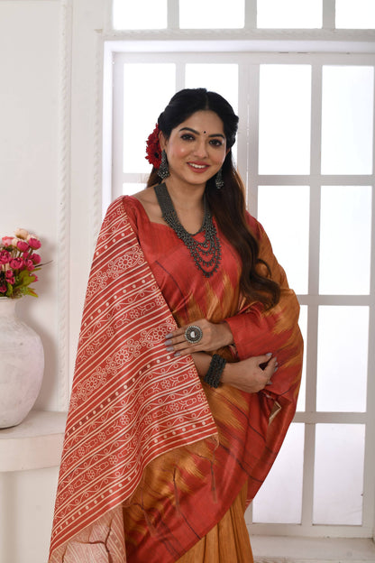 Jyoti Fashion Women's Mustard Soft Tussar Silk Printed Temple Border Traditional Saree with Blouse