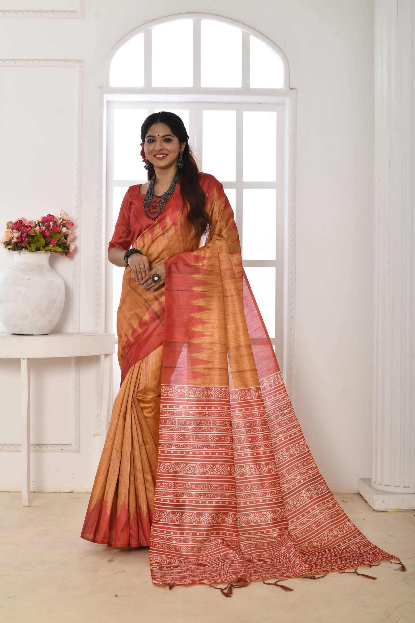 Jyoti Fashion Women's Mustard Soft Tussar Silk Printed Temple Border Traditional Saree with Blouse