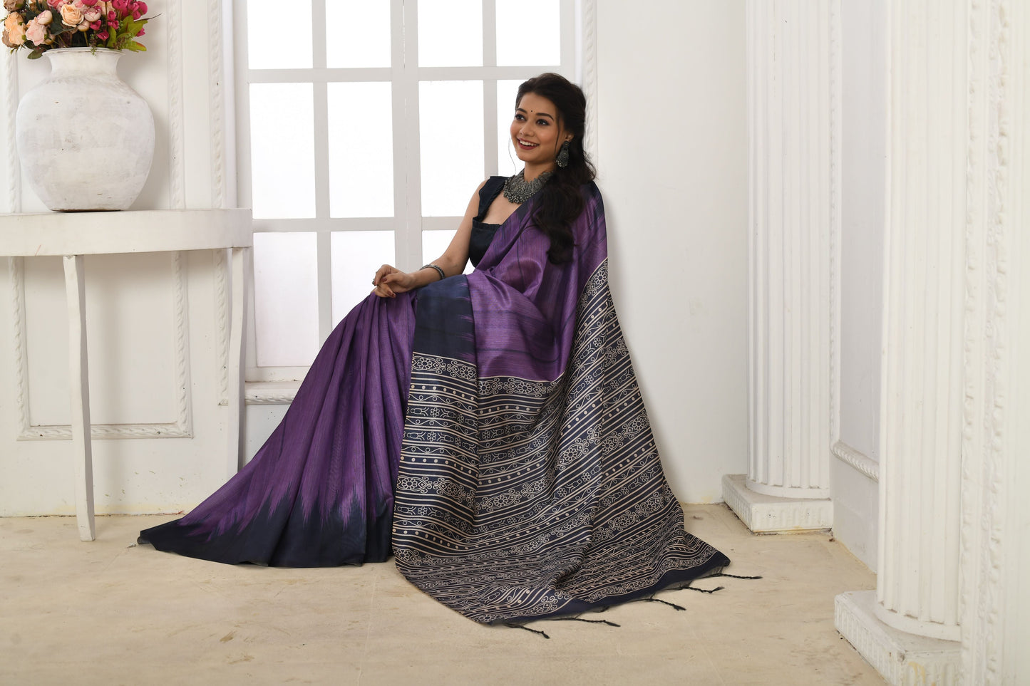 Jyoti Fashion Women's Purple Soft Tussar Silk Printed Temple Border Traditional Saree with Blouse