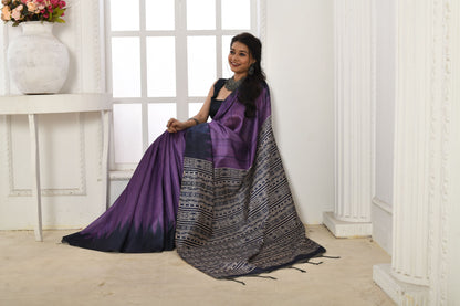 Jyoti Fashion Women's Purple Soft Tussar Silk Printed Temple Border Traditional Saree with Blouse