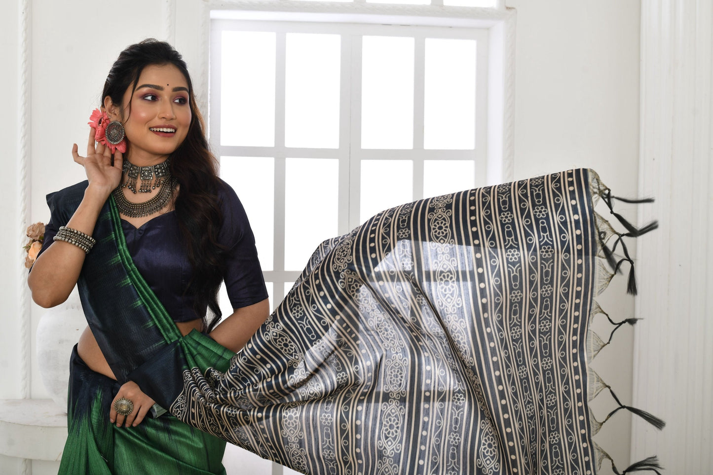 Jyoti Fashion Women's Green Soft Tussar Silk Printed Temple Border Traditional Saree with Blouse