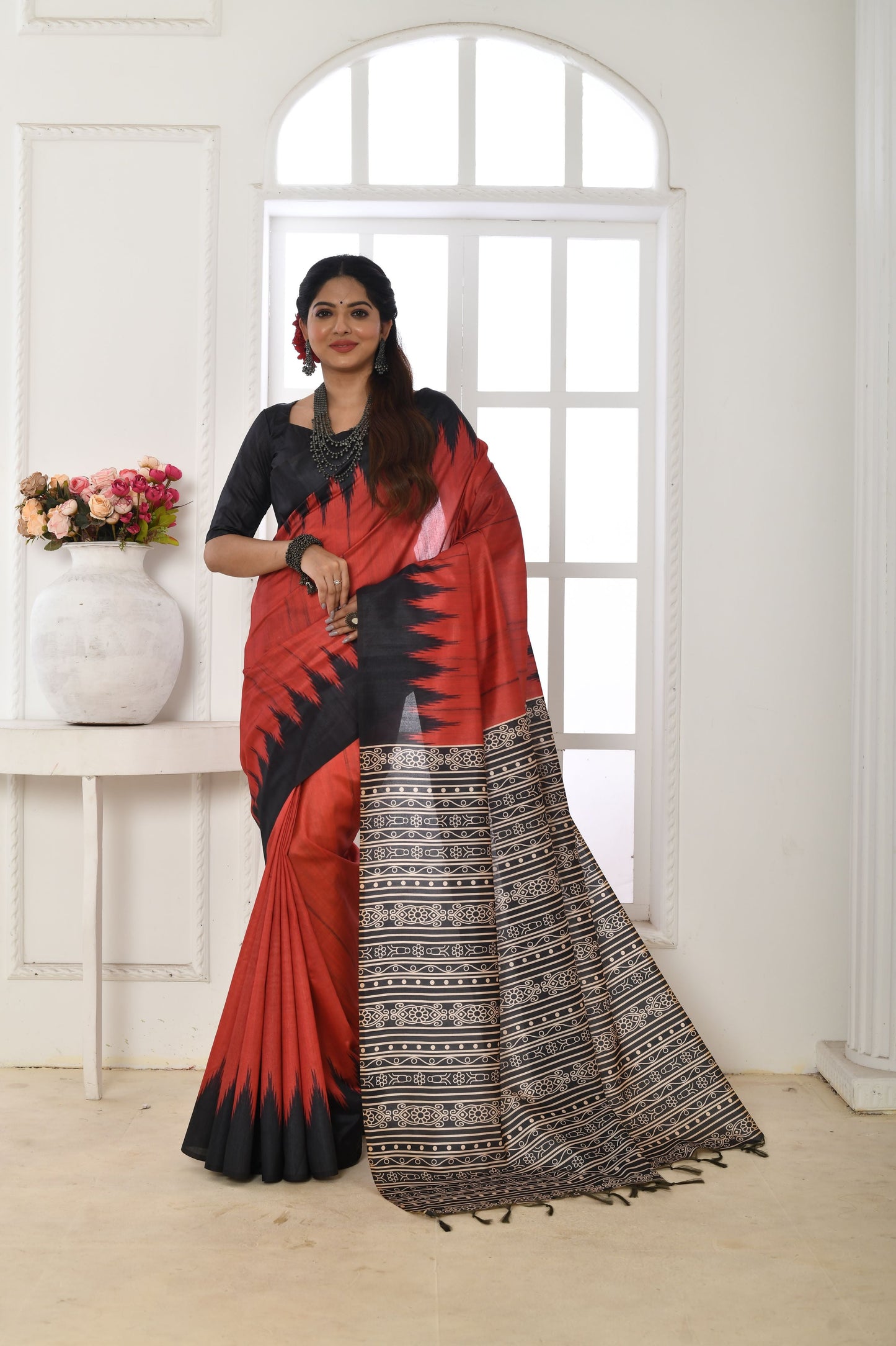 Jyoti Fashion Women's Red Soft Tussar Silk Printed Temple Border Traditional Saree with Blouse