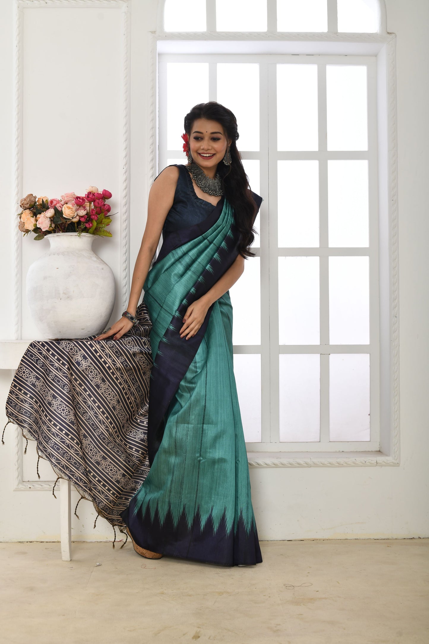 Jyoti Fashion Women's Firozi Soft Tussar Silk Printed Temple Border Traditional Saree with Blouse