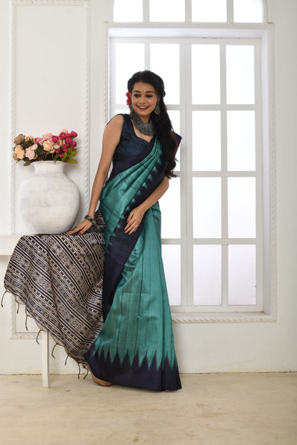 Jyoti Fashion Women's Firozi Soft Tussar Silk Printed Temple Border Traditional Saree with Blouse