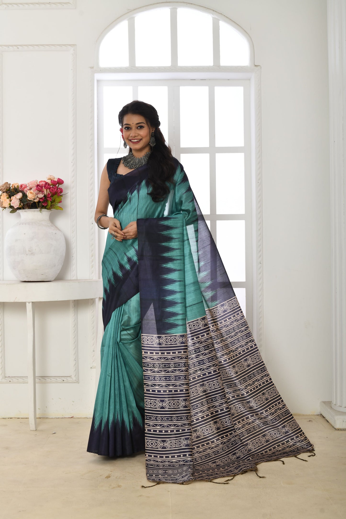 Jyoti Fashion Women's Firozi Soft Tussar Silk Printed Temple Border Traditional Saree with Blouse
