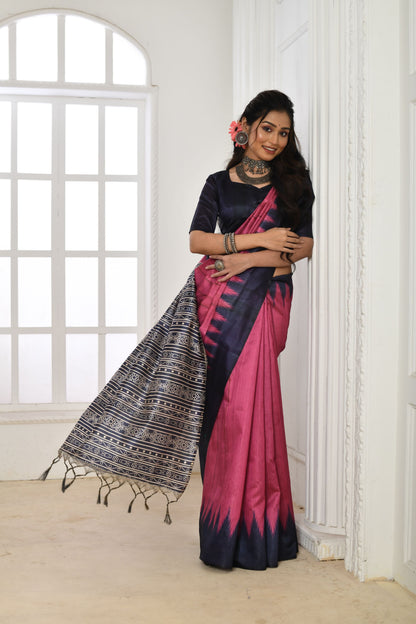 Jyoti Fashion Women's Pink Soft Tussar Silk Printed Temple Border Traditional Saree with Blouse