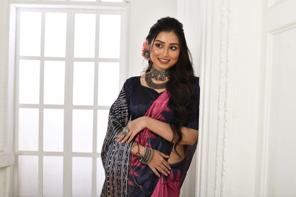 Jyoti Fashion Women's Pink Soft Tussar Silk Printed Temple Border Traditional Saree with Blouse