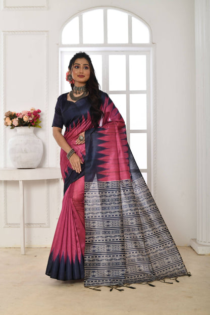 Jyoti Fashion Women's Pink Soft Tussar Silk Printed Temple Border Traditional Saree with Blouse