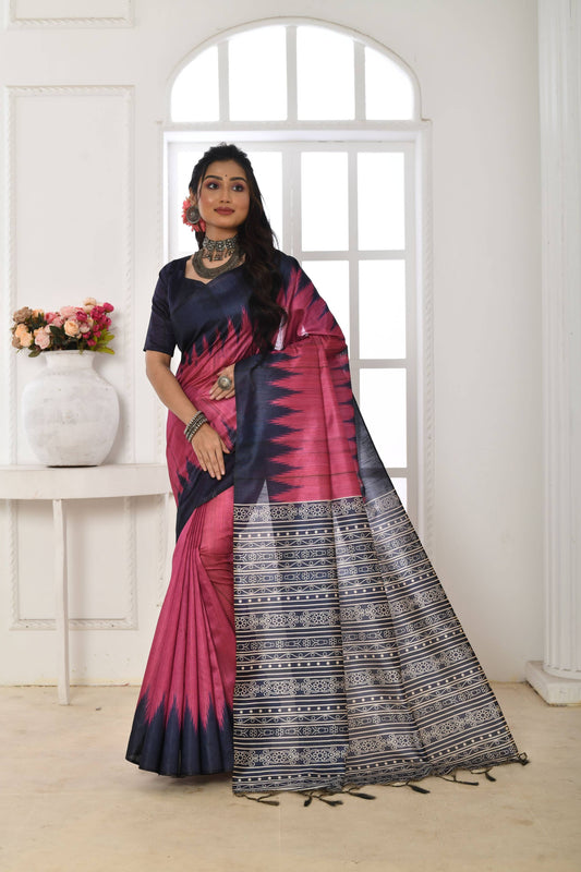 Jyoti Fashion Women's Pink Soft Tussar Silk Printed Temple Border Traditional Saree with Blouse