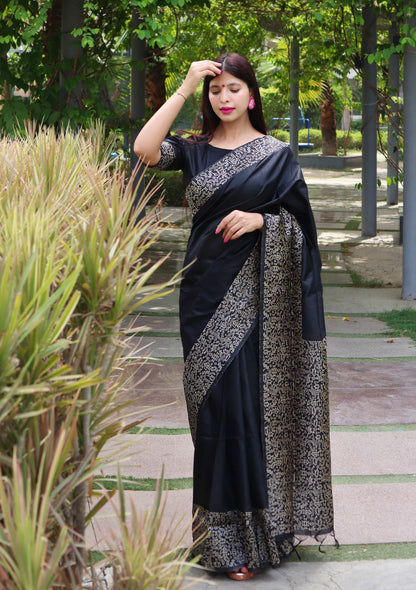 Jyoti Fashion Women's Black Handloom Raw Silk Printed Border Traditional Saree with Blouse