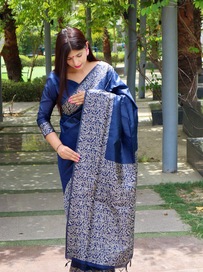 Jyoti Fashion Women's Blue Handloom Raw Silk Printed Border Traditional Saree with Blouse