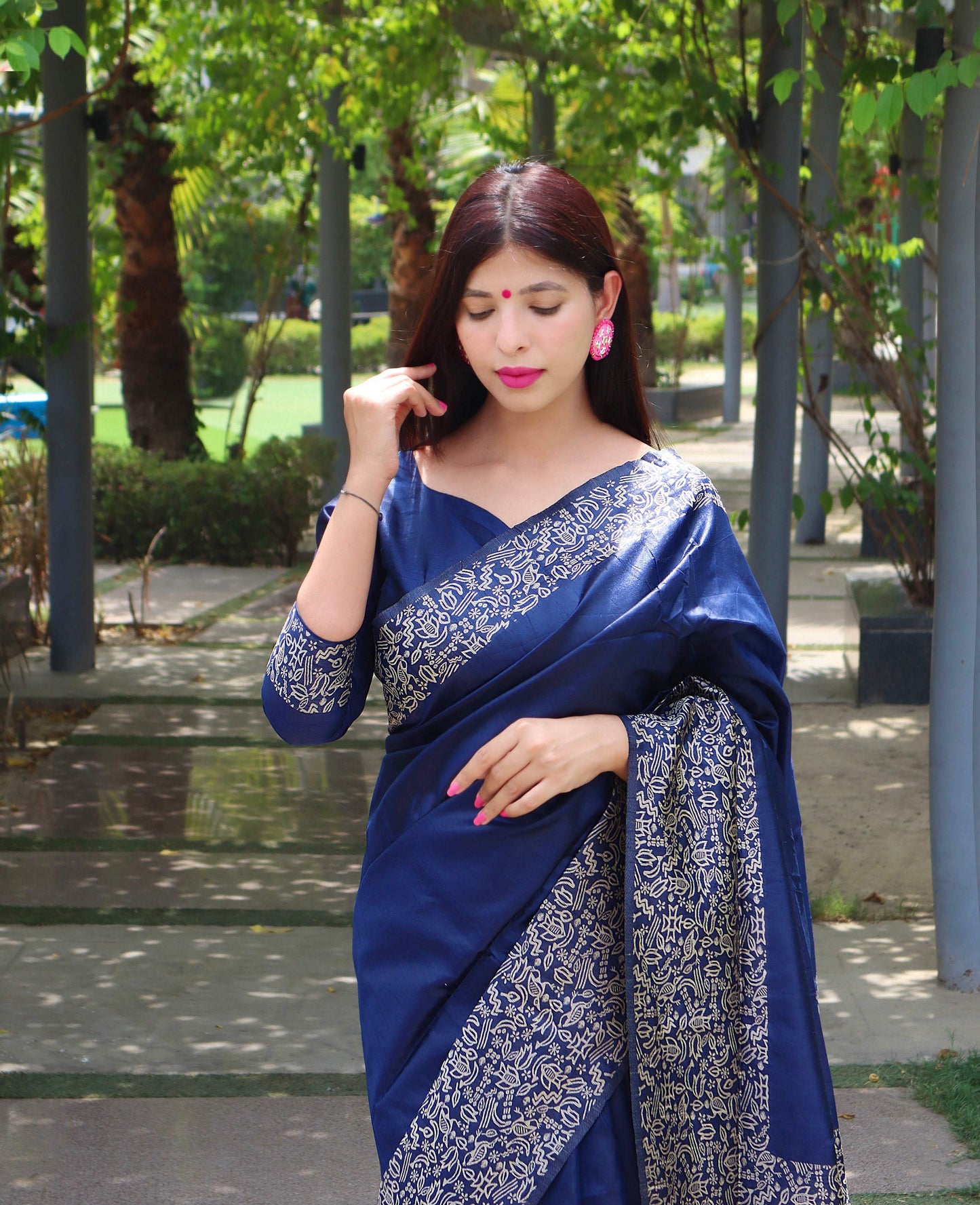 Jyoti Fashion Women's Blue Handloom Raw Silk Printed Border Traditional Saree with Blouse