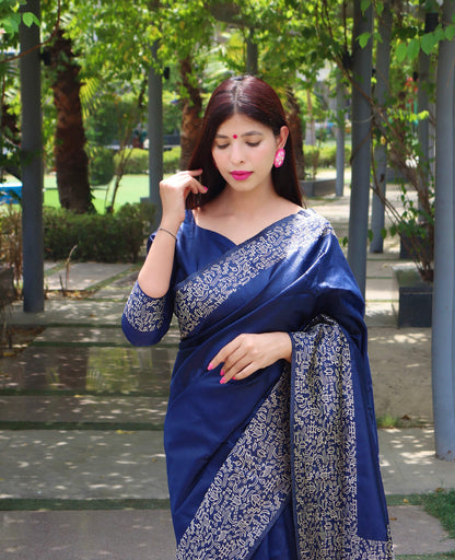 Jyoti Fashion Women's Blue Handloom Raw Silk Printed Border Traditional Saree with Blouse