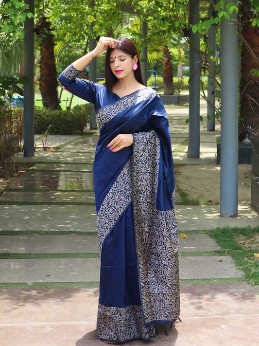 Jyoti Fashion Women's Blue Handloom Raw Silk Printed Border Traditional Saree with Blouse