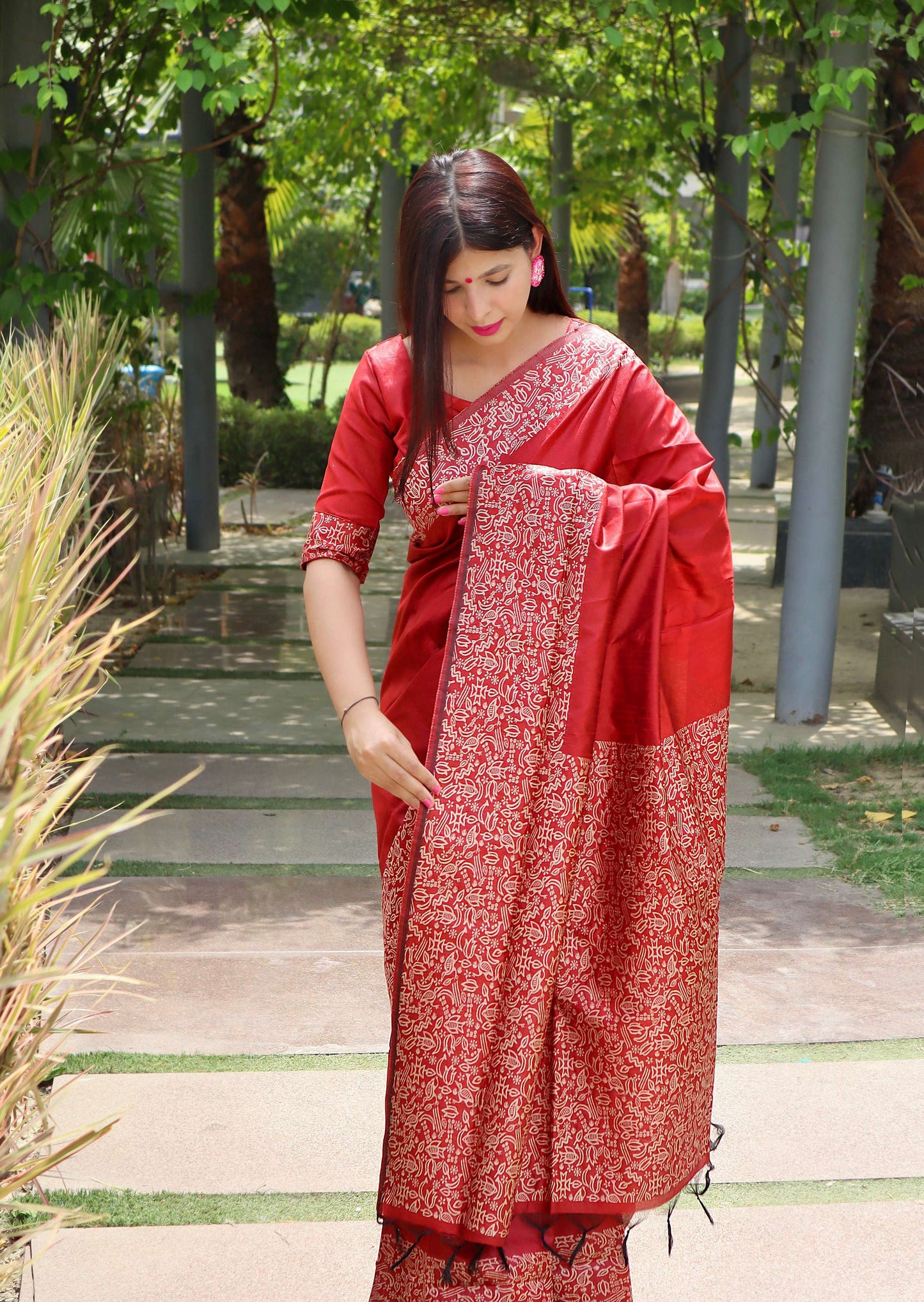 Jyoti Fashion Women's Red Handloom Raw Silk Printed Border Traditional Saree with Blouse
