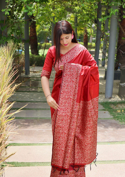Jyoti Fashion Women's Red Handloom Raw Silk Printed Border Traditional Saree with Blouse