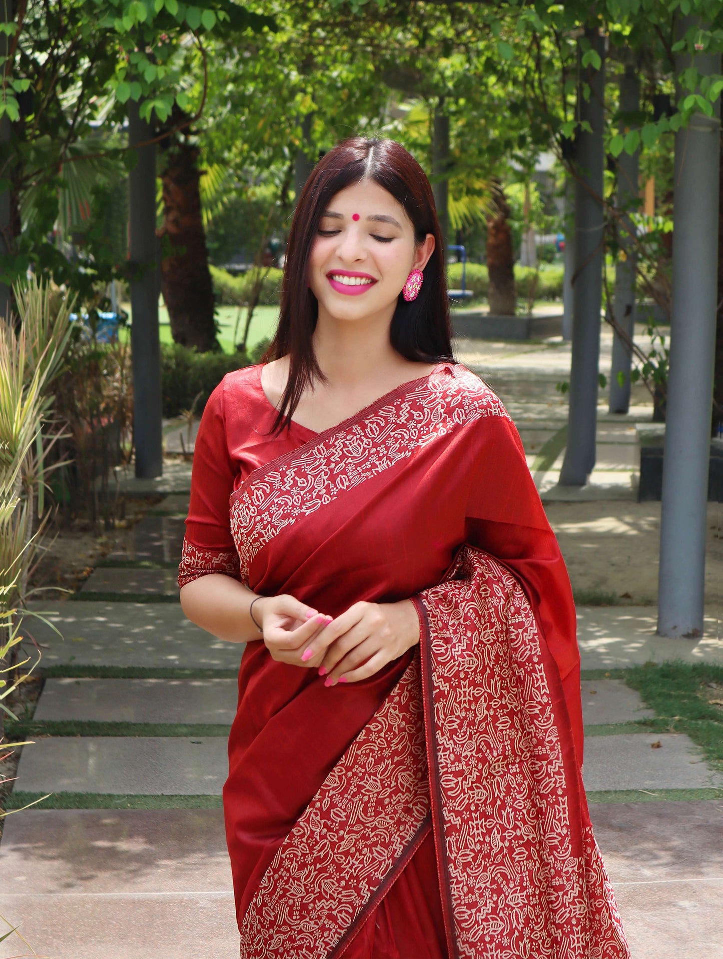 Jyoti Fashion Women's Red Handloom Raw Silk Printed Border Traditional Saree with Blouse