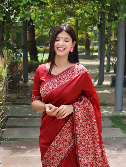 Jyoti Fashion Women's Red Handloom Raw Silk Printed Border Traditional Saree with Blouse