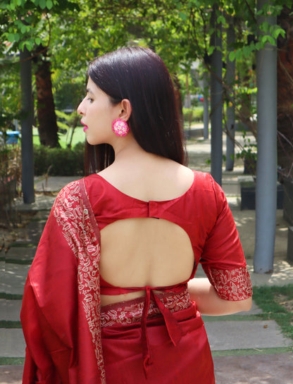 Jyoti Fashion Women's Red Handloom Raw Silk Printed Border Traditional Saree with Blouse