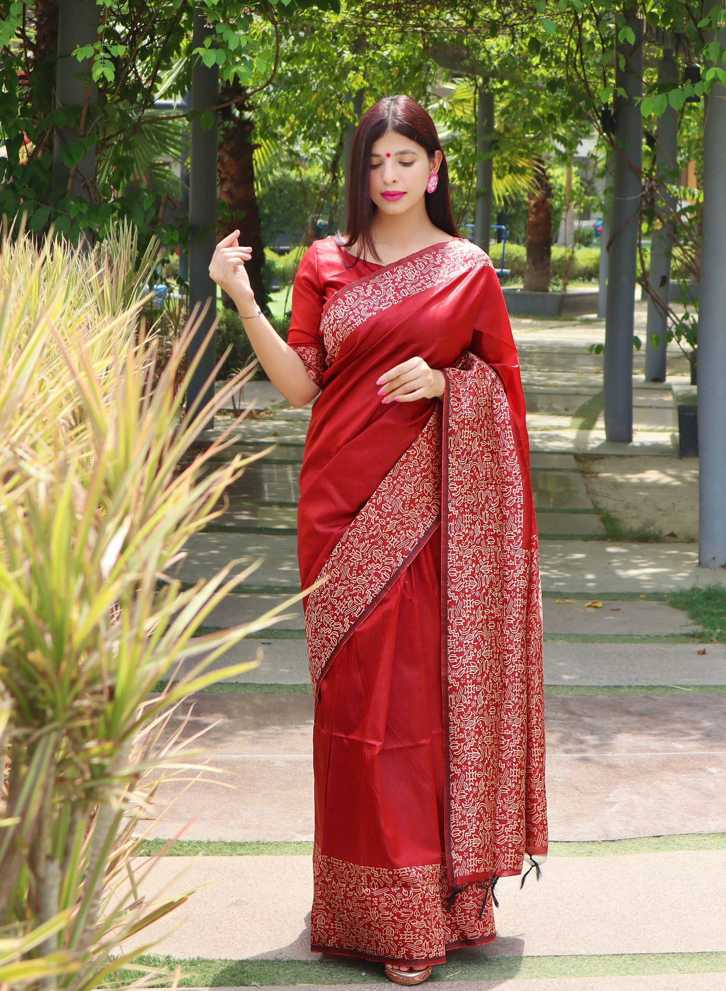Jyoti Fashion Women's Red Handloom Raw Silk Printed Border Traditional Saree with Blouse