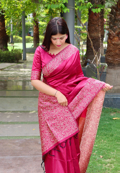 Jyoti Fashion Women's Pink Handloom Raw Silk Printed Border Traditional Saree with Blouse
