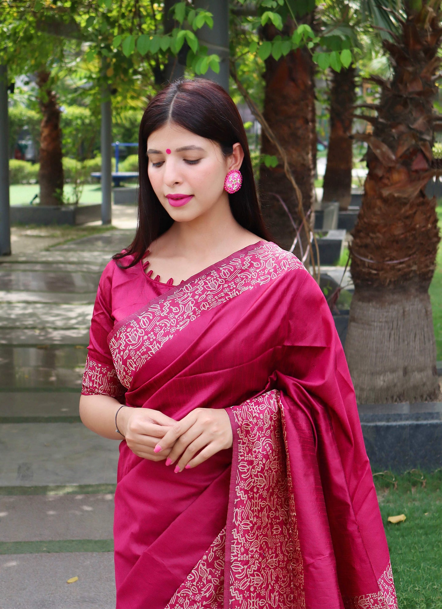 Jyoti Fashion Women's Pink Handloom Raw Silk Printed Border Traditional Saree with Blouse