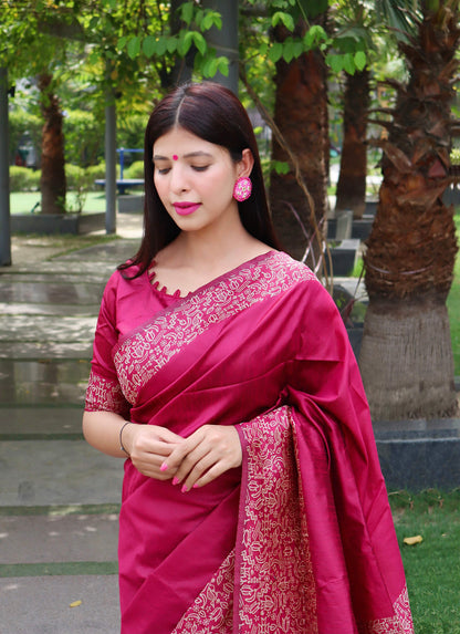 Jyoti Fashion Women's Pink Handloom Raw Silk Printed Border Traditional Saree with Blouse