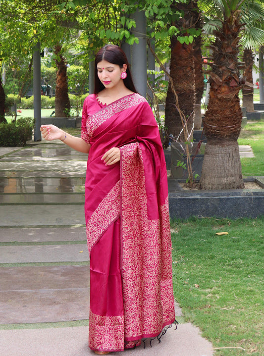 Jyoti Fashion Women's Pink Handloom Raw Silk Printed Border Traditional Saree with Blouse