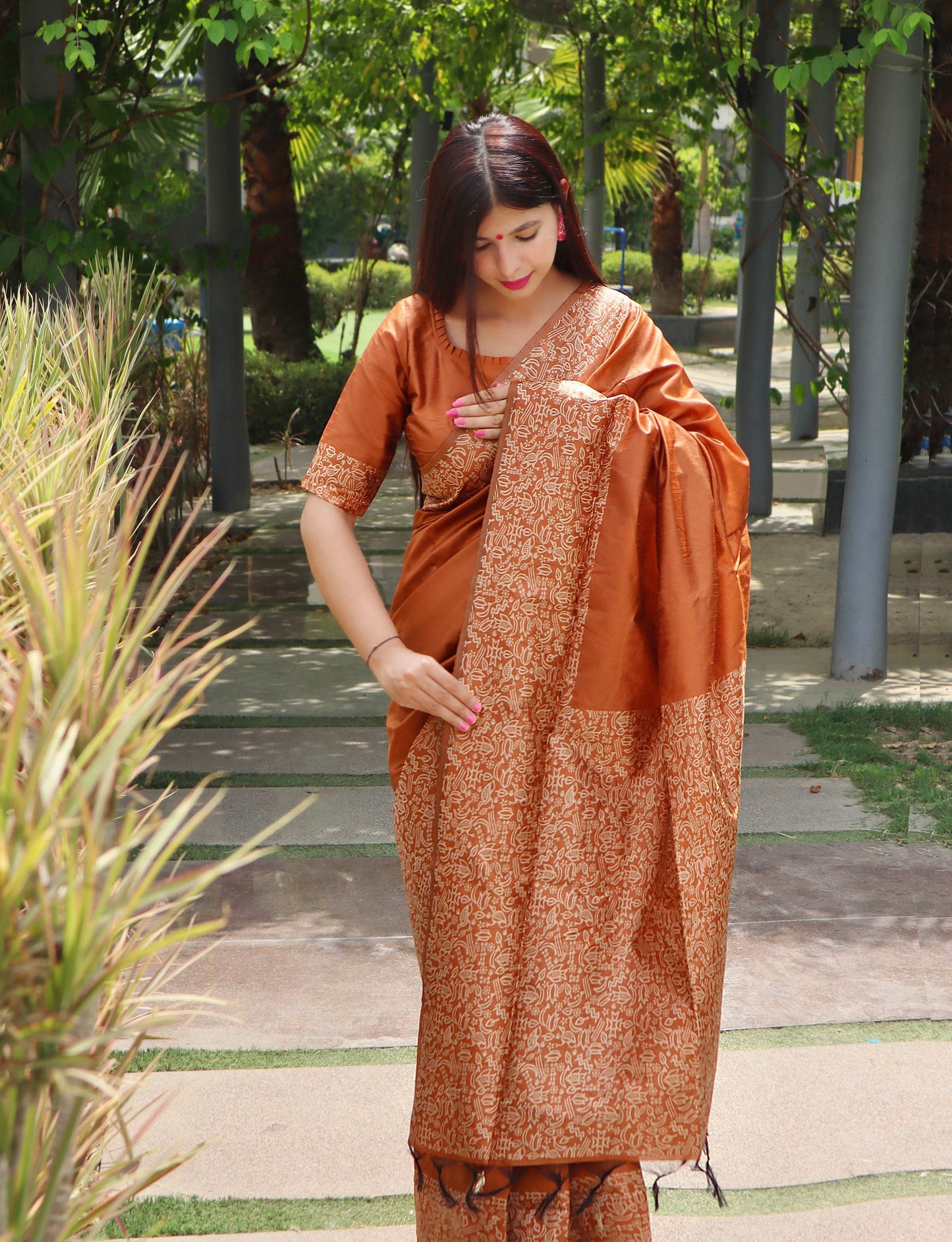 Jyoti Fashion Women's Orange Handloom Raw Silk Printed Border Traditional Saree with Blouse